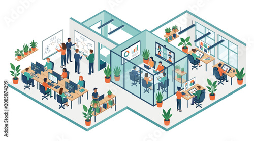 Isometric Illustration of a Modern Diverse Collaborative Office Workspace