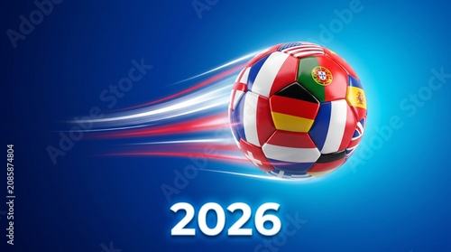 Soccer ball with national flags and year 2026 on a blue background with motion blur streaks