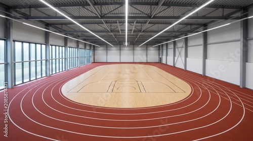 Modern Indoor Sports Arena With Running Track And Basketball Court