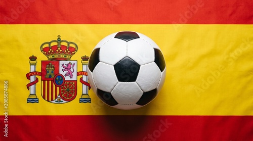 Classic Soccer Ball Resting on the Spanish National Flag with Coat of Arms