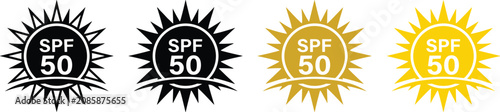 Bild auf Leinwand Sunscreen SPF 50 protection icon vector set with sun shape badge symbols for su