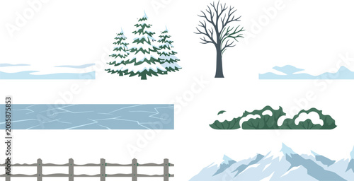 Foto Set of isolated winter landscape vector elements with snowy pine trees, mountain