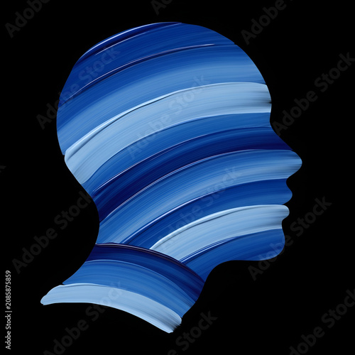 Human head profile silhouette filled with blue oil paint brush strokes, conceptual representation of mental health, creativity, and cognitive processes for abstract art