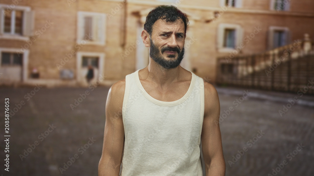 Fototapeta premium Man with beard squints, bare shoulders visible while standing on street; weariness solitude reflection.