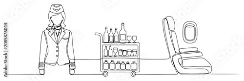 Foto Flight attendant service trolley and airplane seat in continuous line art style