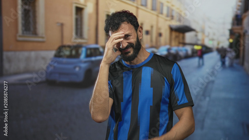 Foto Man covers face with hand wearing a blue soccer jersey on a street, shielding eyes and squinting; frustration defeat