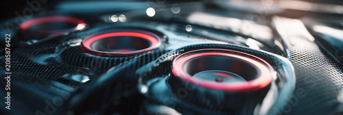 Close up of futuristic circular controls glowing with vibrant neon lighting on a high tech dashboard