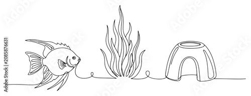 Obraz na płótnie Angelfish with aquatic plant and cave decoration in continuous line art style