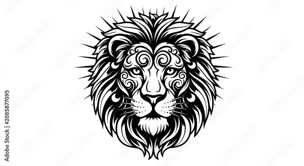 Obraz premium Majestic black and white tribal style lion head vector illustration on an isolated white background.