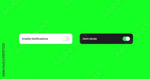 Toggle switches for notifications and dark mode settings, minimal user interface motion graphic animation, isolated on chroma key green screen background