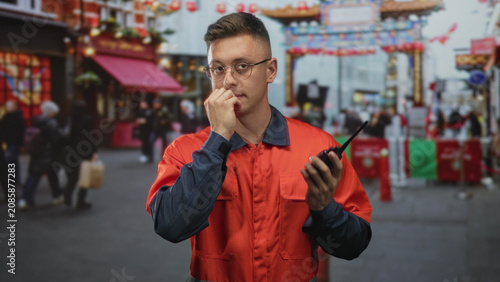 Cuadro en lienzo Man in orange coverall holding a walkie, hand to mouth biting nails, looking tense in a crowded street festival; urgent concern