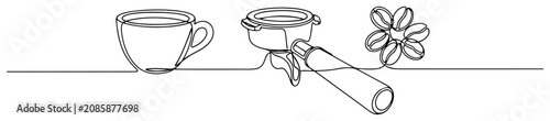 Foto Espresso cup with portafilter and coffee beans in minimalist continuous line dra