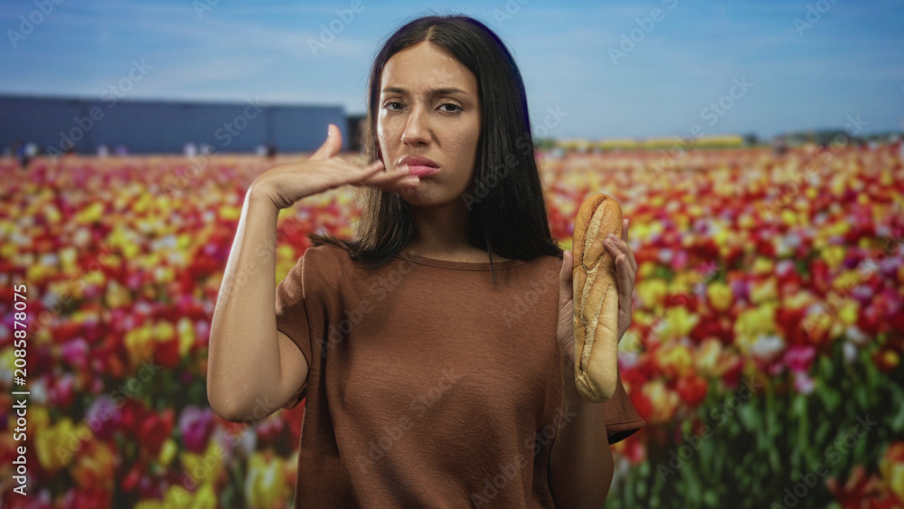 Fototapeta premium Woman holding baguette while pinching nose in studio tulip field with bright flowers and bread; disgust nausea.