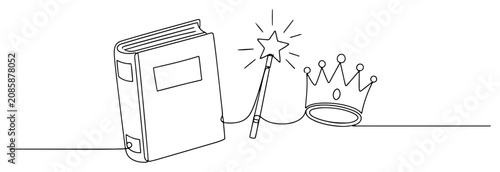 Fotografía Magic wand book and crown for fairy tale storytelling in continuous line art sty