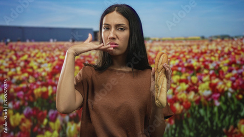 Konstfotografi Woman holding baguette while pinching nose in studio tulip field with bright flowers and bread; disgust nausea