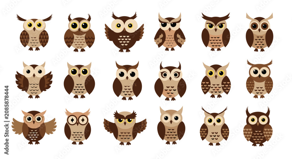 Obraz premium Large set of eighteen cute cartoon owl characters with different expressions and feather patterns on a white background.
