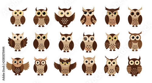 Large set of eighteen cute cartoon owl characters with different expressions and feather patterns on a white background.