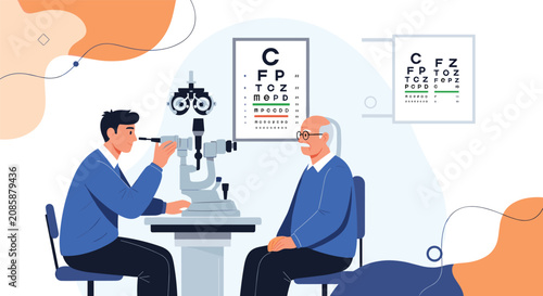 Professional ophthalmologist checks the eyes of an senior patient using advanced medical optical diagnostic equipment.
