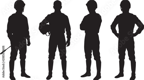 Vászonkép Horse Racing Jockey Silhouettes Standing with Helmet and Riding Crop

Silhouettes of four professional horse racing jockeys standing in relaxed yet confident poses