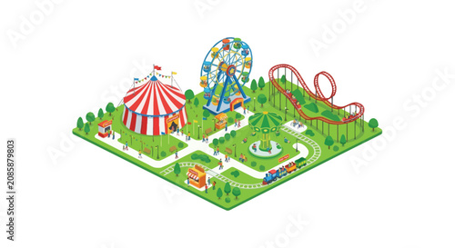 Obraz na plátne Amusement park illustration with a ferris wheel roller coaster and tent presente