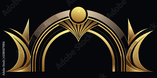Elegant Symmetrical Golden Arch Frame on Black Background