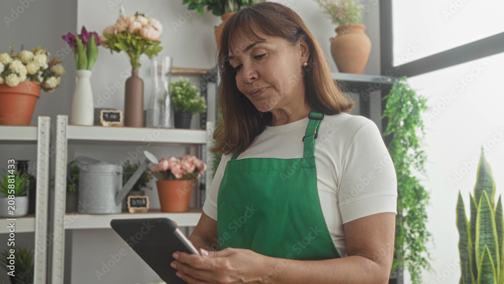 Naklejka premium Woman florist holding tablet and smiling in building near shelves of potted flowers and ceramic vases; contentment small business.