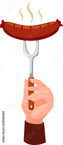 hand holding large fork with hot sausage
