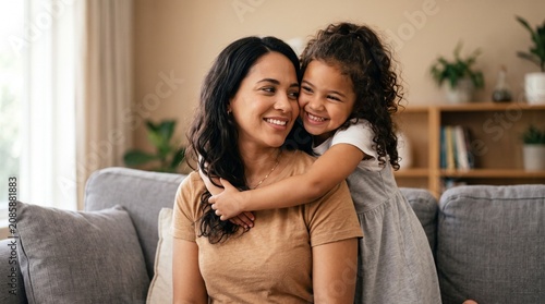 Happy Hispanic mother and daughter hugging on sofa, affectionate family bonding at home, smiling mom and child in living room