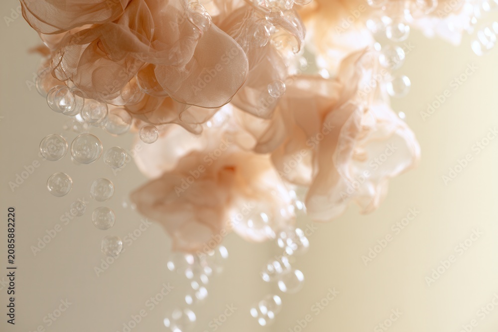 Fototapeta premium Delicate fabric flowers and bubbles hang from the ceiling in a bright indoor space during daylight hours