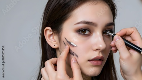 Close up of a professional makeup artist applying intricate silver and black eyeliner designs onto the cheek of a young woman with natural skin