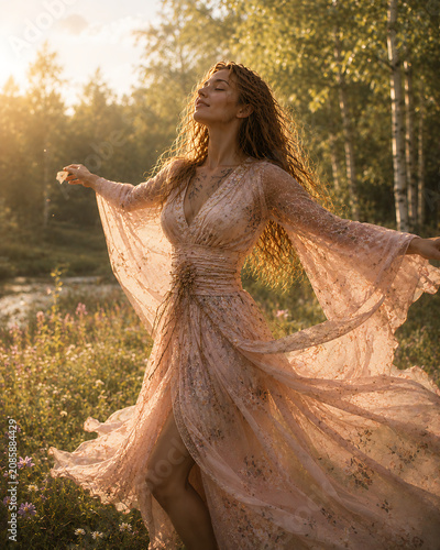 an incredibly beautiful girl with golden hair in a very beautiful outfit