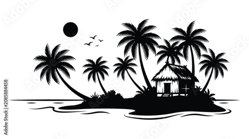Tableau sur toile Tropical island with palm trees and thatched roof hut silhouette