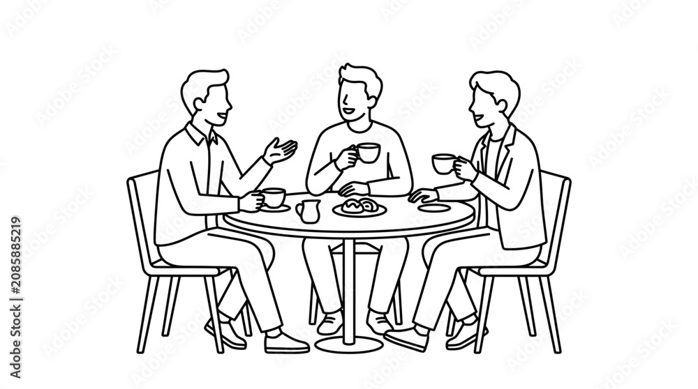 Fototapeta premium Three Men Talking and Drinking Coffee at a Round Table