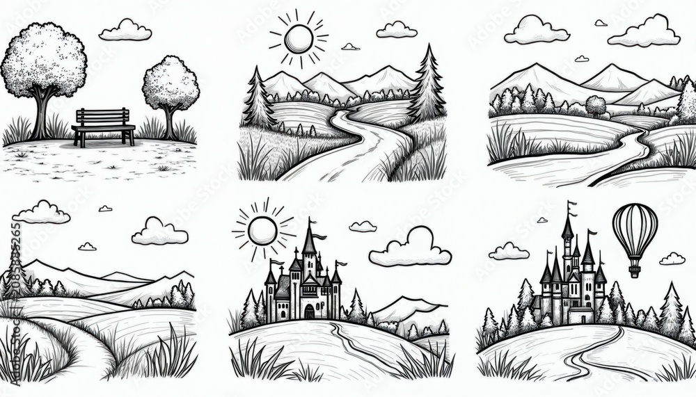 Obraz premium Collection of simple line art drawings depict nature scenes with trees, roads, mountains, castles, hot air balloon. Minimalist set includes park bench, sun elements, offering versatile graphic assets.
