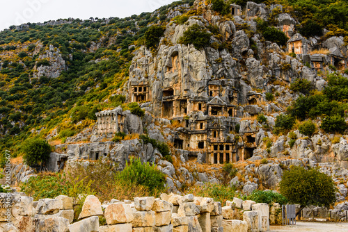 Ruins of the ancient lycian rock tombs in town Demre. Ancient Myra city. Antalya province, Turkey