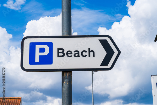 Canvastavla UK traffic road sign with directions to the car parking at the beach