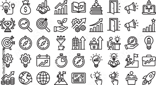 Set of hand drawn business and startup icons for marketing and growth strategy