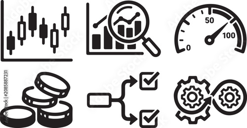 Set of black business and finance icons showing charts coins and productivity process symbols