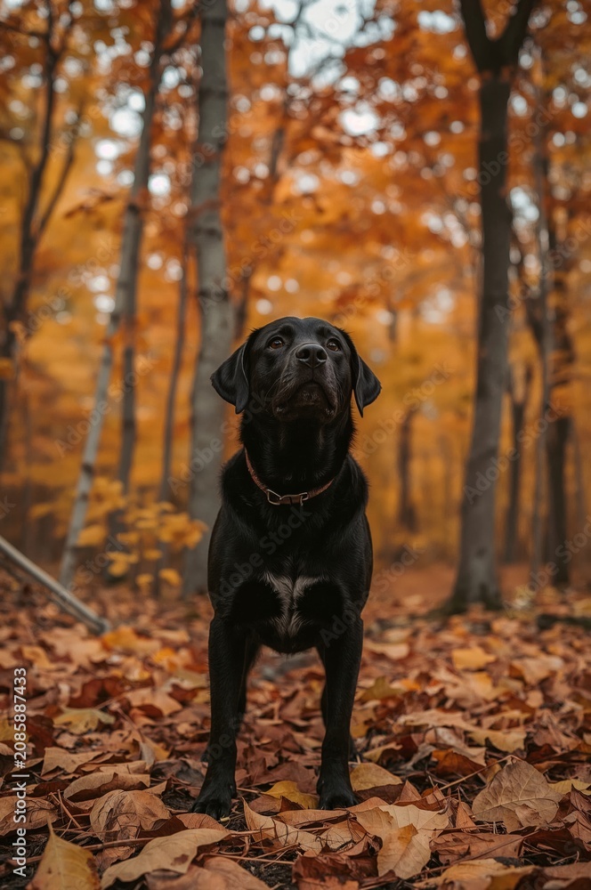 Fototapeta premium Black Dog Standing in a Forest of Autumn Leaves in the Afternoon Sun