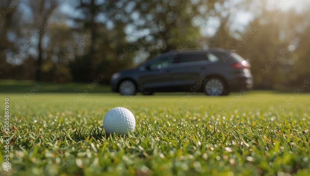Obraz premium Golf Ball on Green Grass With a Car Parked Nearby in Daylight During Afternoon