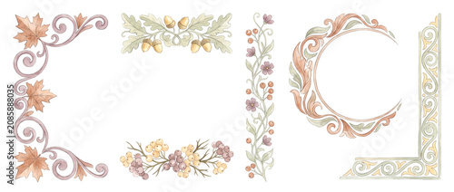 Vintage floral border set watercolor autumn leaves decorative frames featuring acorns, berries, circular wreath, corner scroll ornaments isolated on black background elements design illustration decal