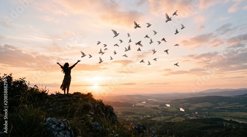 Person Releasing White Doves at Sunset Symbolizing Freedom and Forgiveness
