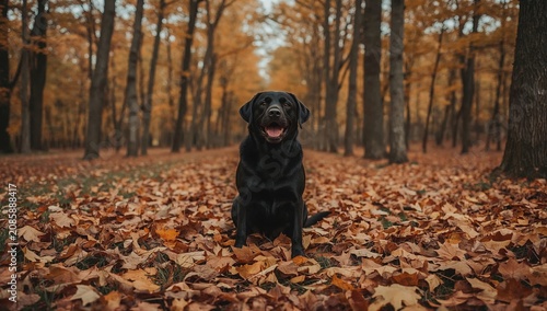 Black Dog Sits on Leaves in Forest During Autumn Season