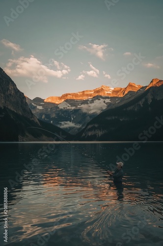 Fishing in a Mountain Lake During Sunset With Reflections on the Water Surface