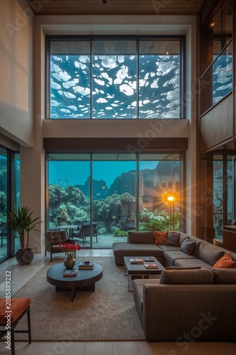 Underwater Living Space With Large Windows Showing Ocean Life in a Modern Home