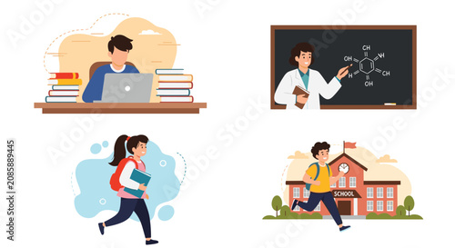 Student characters in various learning situations like studying with a laptop, teaching chemistry, and walking or running to school.