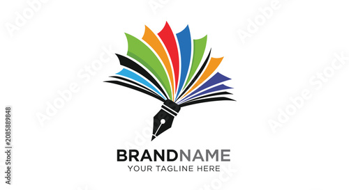 Creative graphic book logo design with colorful pages opening up to reveal a black fountain pen nib in the center of the book.