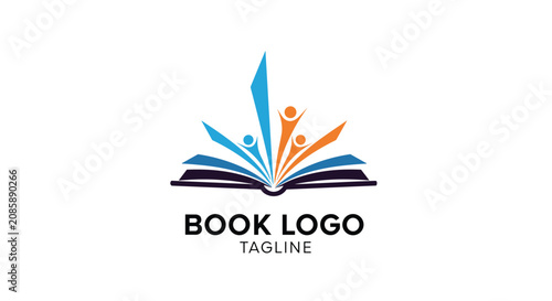 Open book logo template featuring stylized colorful human figures rising from pages symbolizing learning and growth.