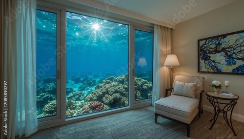 View of Underwater Scene From a Room Window With a Chair Beside the Glass in ...