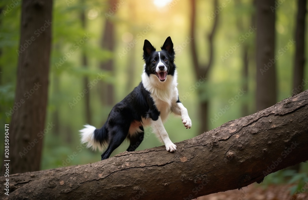 Fototapeta premium Black and white border collie balances on fallen tree trunk in green forest. Dog performs trick, stands on wood. Playful pet outdoors. Energetic canine in nature.